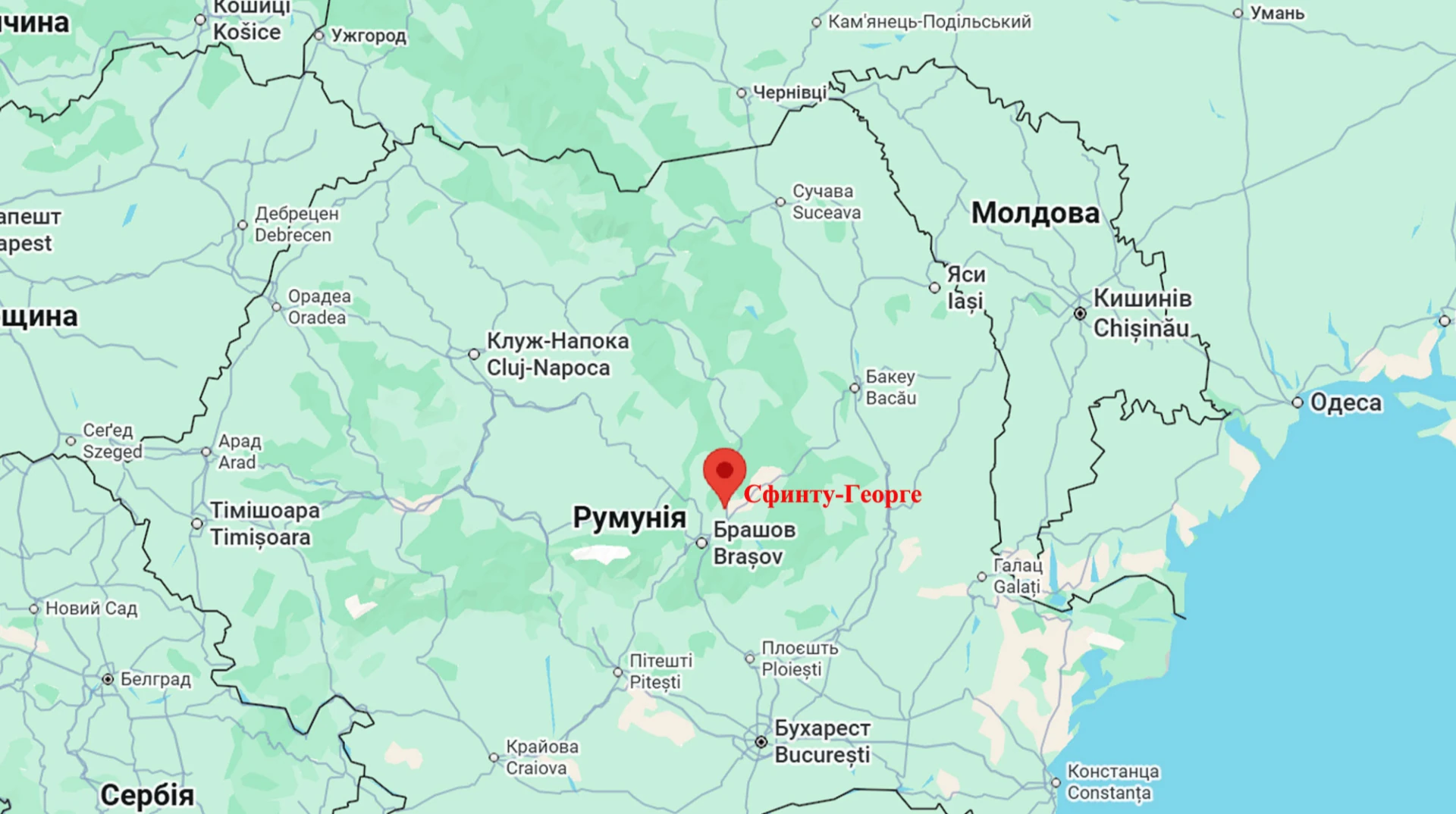 Карта дельти Дунаю з позначенням Сфанту-Георге за 10 км на захід від Сфинту-Георге